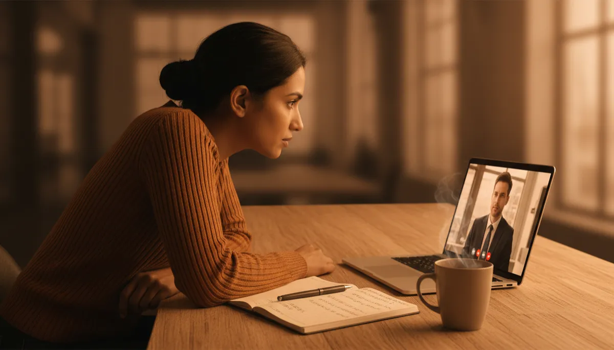 professional photorealistic startup founder at desk in burnt orange #9a3412 tones, on a video call, leaning forward listening intently, notepad open with handwritten questions, laptop screen showing prospect
