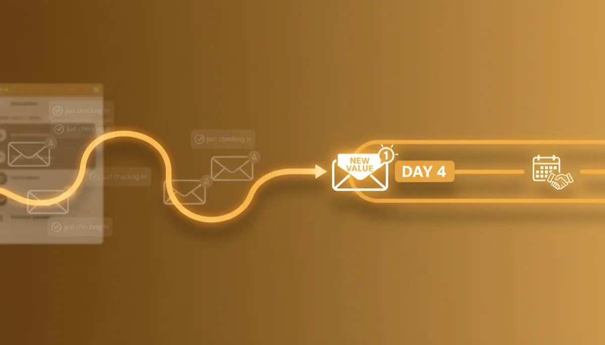 professional photorealistic horizontal timeline graphic in warm amber #92400e tones, left path showing daily 'just checking in' emails fading into a grey ghosted inbox, right path showing one precise follow-up on day 4 with new value leading to a calendar invite and handshake professional photorealistic horizontal timeline graphic in warm amber #92400e tones, left path showing daily 'just checking in' emails fading into a grey ghosted inbox, right path showing one precise follow-up on day 4 with new value leading to a calendar invite and handshake