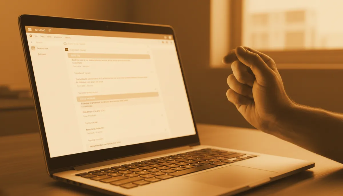 professional photorealistic close-up of a startup founder's laptop screen in warm amber #92400e tones, inbox showing a new positive reply to a follow-up email, founder's hand slightly raised in a small quiet celebration professional photorealistic close-up of a startup founder's laptop screen in warm amber #92400e tones, inbox showing a new positive reply to a follow-up email, founder's hand slightly raised in a small quiet celebration