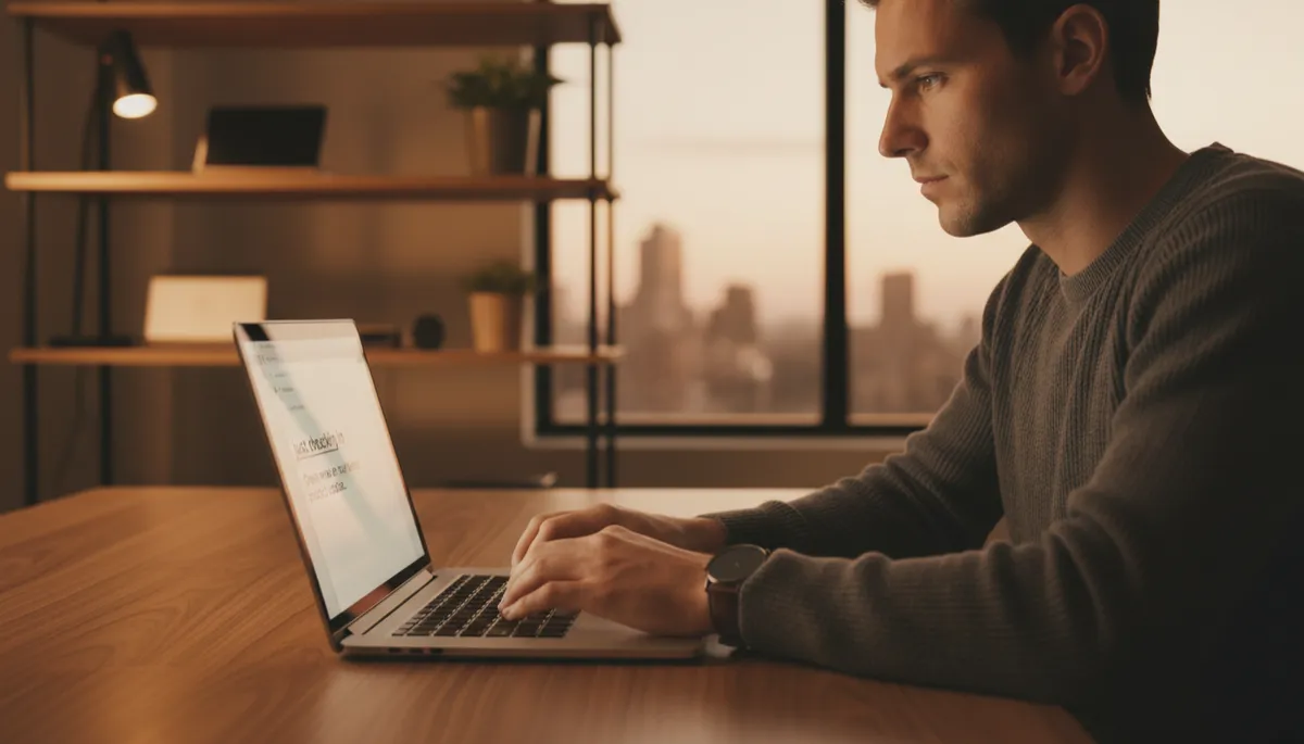 professional photorealistic startup founder at a modern desk in warm amber #92400e tones, pausing thoughtfully while rereading a sent email on a laptop, deleting the words 'just checking in' and typing a short new line about a recent product update instead professional photorealistic startup founder at a modern desk in warm amber #92400e tones, pausing thoughtfully while rereading a sent email on a laptop, deleting the words 'just checking in' and typing a short new line about a recent product update instead