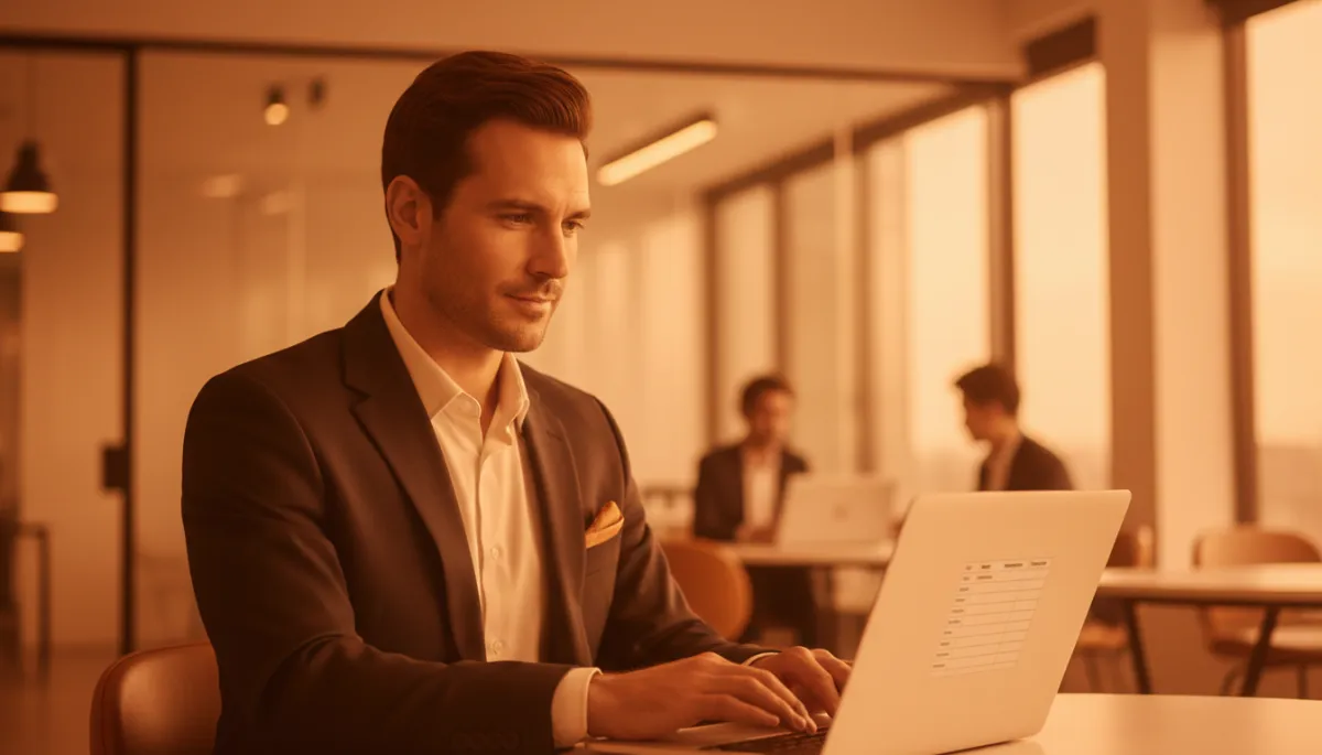 professional photorealistic startup sales leader at laptop in deep amber #92400e tones, building a follow-up plan in a spreadsheet or simple CRM with columns Day, Channel, Message Type, calm focused expression, modern office