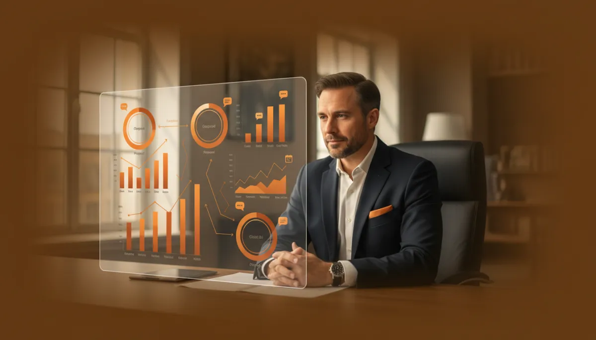 professional photorealistic founder in deep amber #92400e tones reviewing a sales pipeline dashboard with multiple deals moving stages, calm confident expression, clear indicators of consistent follow-up activity