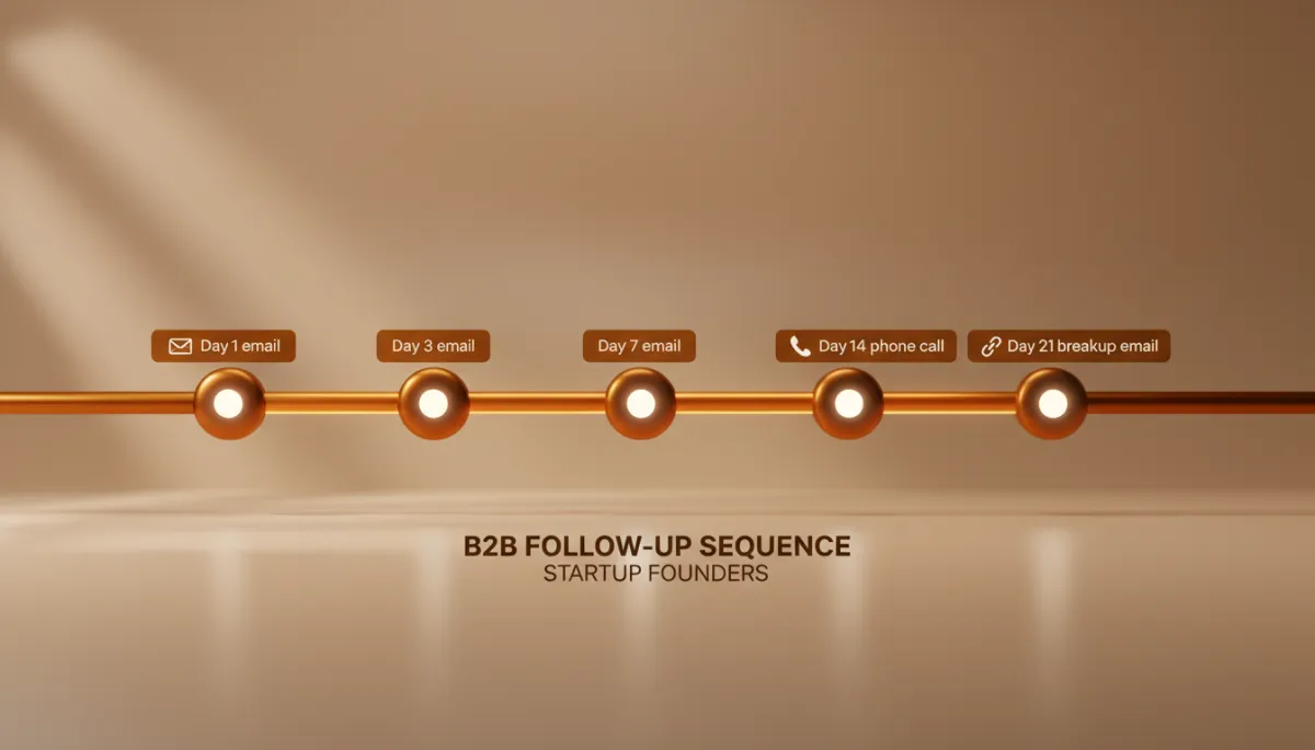 professional photorealistic clean horizontal timeline diagram in deep amber #92400e tones showing a five-touch B2B follow-up sequence for startup founders, with labeled points Day 1 email, Day 3 email, Day 7 email, Day 14 phone call, Day 21 breakup email, minimal modern design