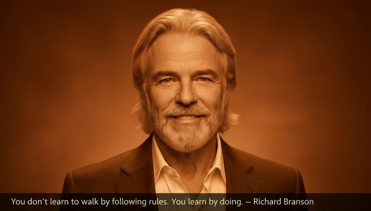professional photorealistic portrait of Richard Branson in warm deep amber #92400e tones, soft studio lighting, subtle energetic background gradient, overlay text at bottom 'You don't learn to walk by following rules. You learn by doing.' — Richard Branson professional photorealistic portrait of Richard Branson in warm deep amber #92400e tones, soft studio lighting, subtle energetic background gradient, overlay text at bottom 'You don't learn to walk by following rules. You learn by doing.' — Richard Branson