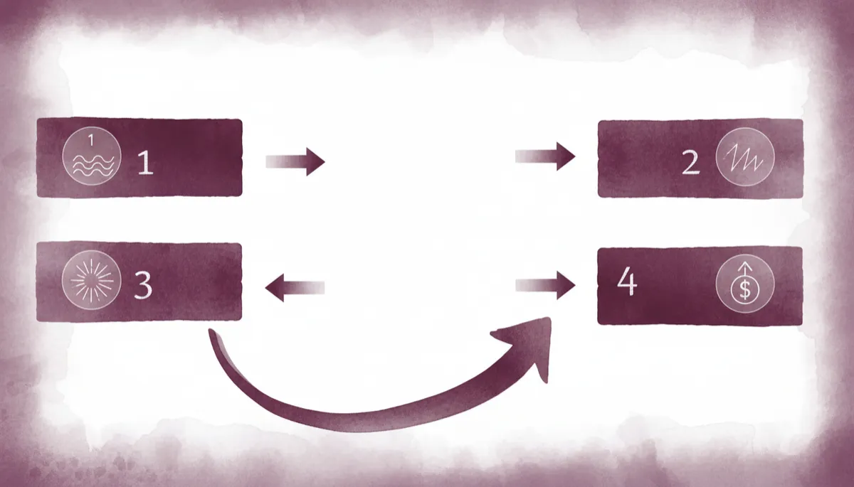 professional photorealistic clean four-part pitch structure diagram in deep plum #7c1d4a and white, labeled steps (1) Cost of the Problem, (2) Alternatives Already Failed, (3) Our Solution, (4) Price as Conclusion, arrows showing buyer journey from problem awareness to price acceptance
