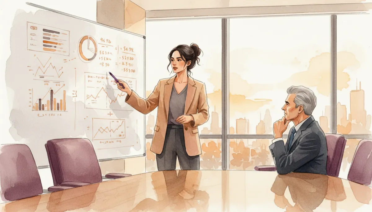 professional photorealistic startup founder in modern conference room with deep plum #7c1d4a accents, standing by whiteboard walking an executive through a problem cost calculation, charts and numbers visible, no product demo screens