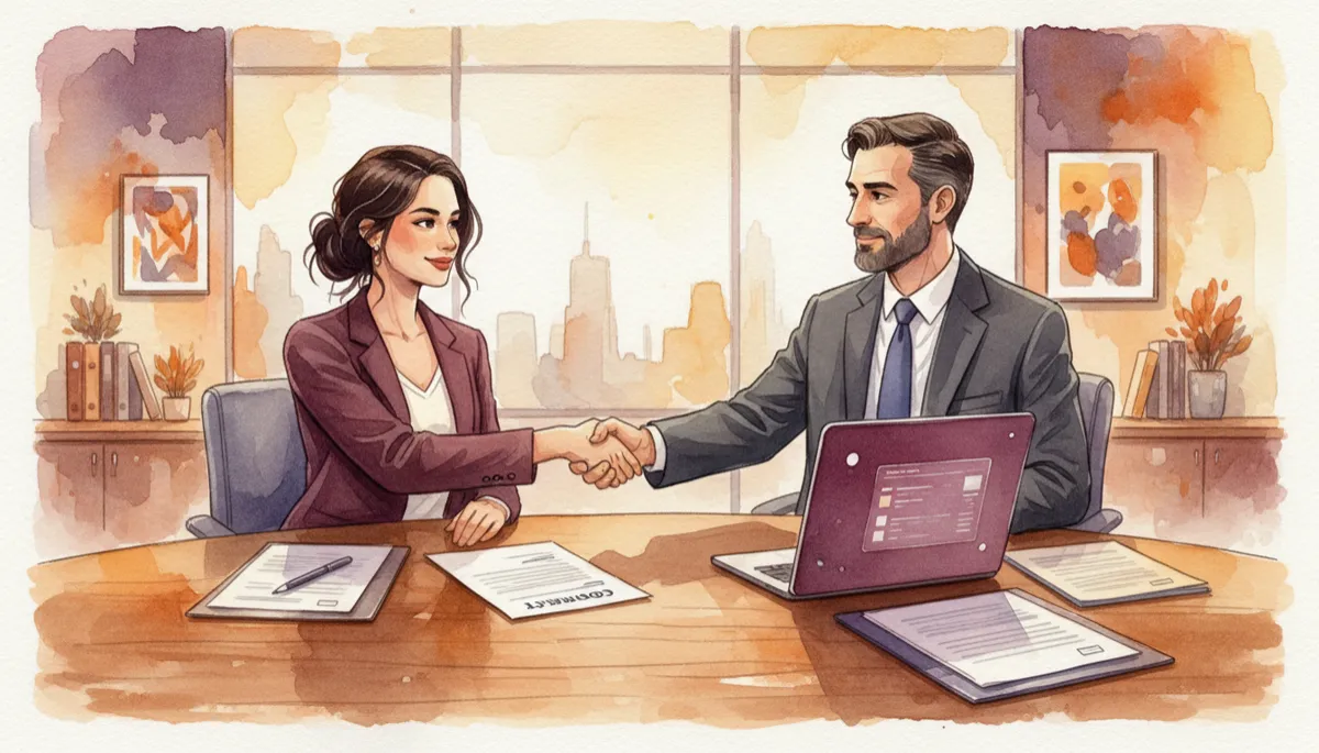 professional photorealistic startup founder in deep plum #7c1d4a accented office shaking hands with enterprise buyer over a signed contract, both calm and confident, laptop and printed contract on table