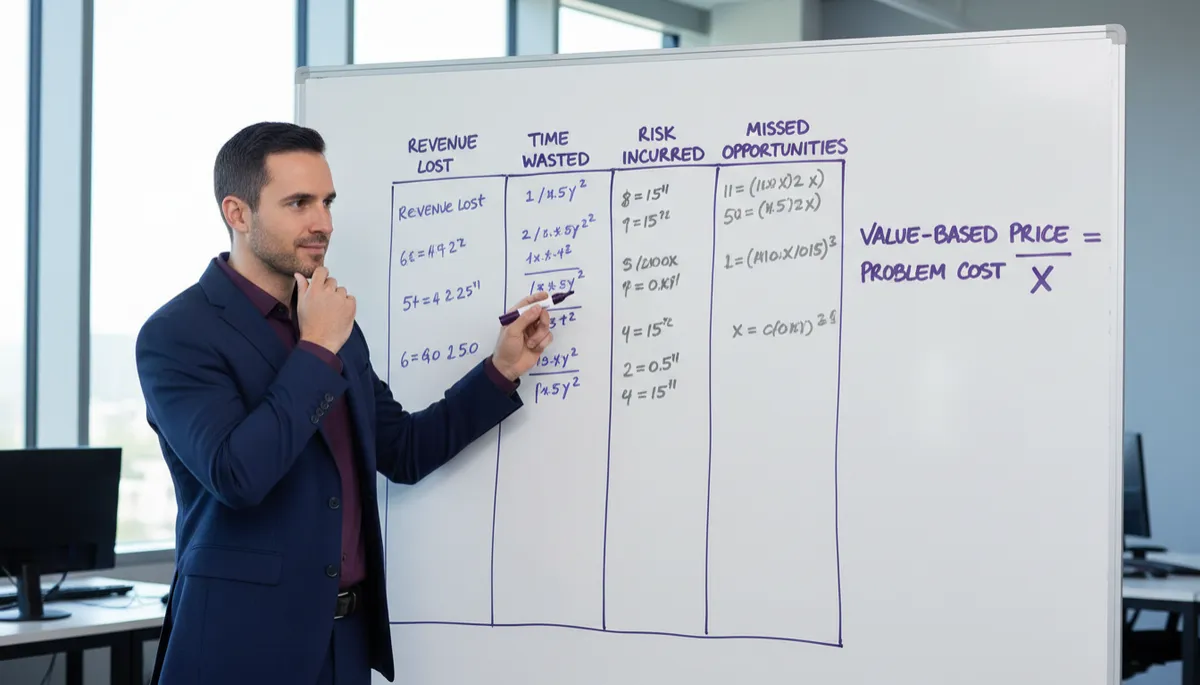 how to price high ticket services — founder calculating value-based price from client problem cost