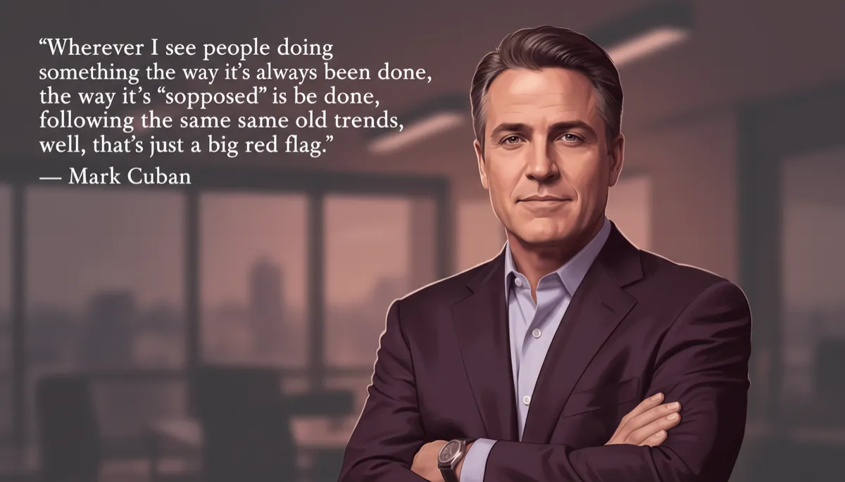 professional photorealistic portrait of Mark Cuban in deep plum #7c1d4a tones, arms lightly crossed, direct confident expression, subtle office background, cinematic lighting, overlay quote text in white: 'Wherever I see people doing something the way it's always been done, the way it's “supposed” to be done, following the same old trends, well, that's just a big red flag.' — Mark Cuban