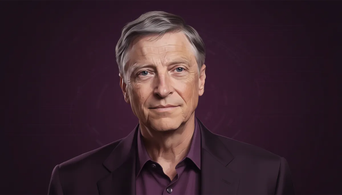 professional photorealistic portrait of Bill Gates in deep plum #7c1d4a tones, calm and strategic expression, soft studio lighting, subtle overlay quote text in white reading 'Success is a lousy teacher. It seduces smart people into thinking they can't lose.' — Bill Gates