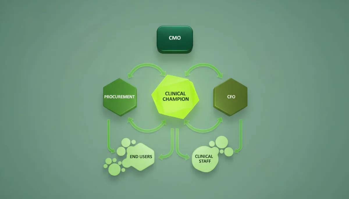 how to sell to hospitals and health systems as a biotech startup — hospital stakeholder map with clinical champion