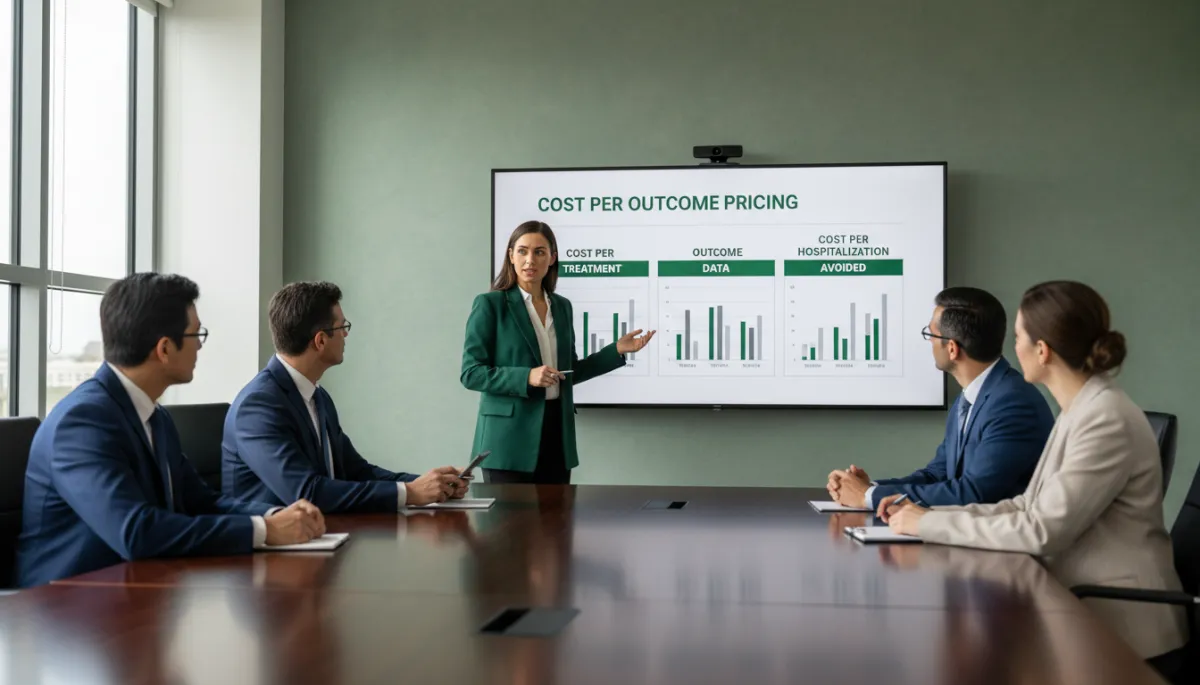 Biotech pricing strategy for startups — biotech founder presenting cost-per-outcome pricing to a hospital formulary committee