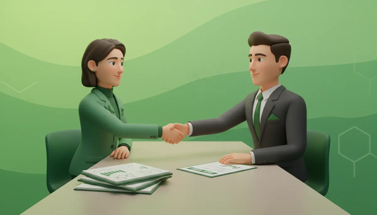 professional scene of a biotech founder in green tones shaking hands with a biotech-specialist investor across a table, signed term sheet and lab notebooks visible, both smiling with quiet relief after a long fundraising journey