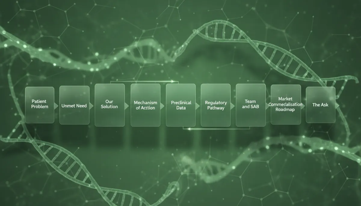 professional biotech pitch deck structure diagram in green tones, ten cleanly labeled slides arranged in a clear left-to-right sequence: Patient Problem, Unmet Need, Our Solution, Mechanism of Action, Preclinical Data, Regulatory Pathway, Team and SAB, Market Opportunity, Commercialisation Roadmap, The Ask
