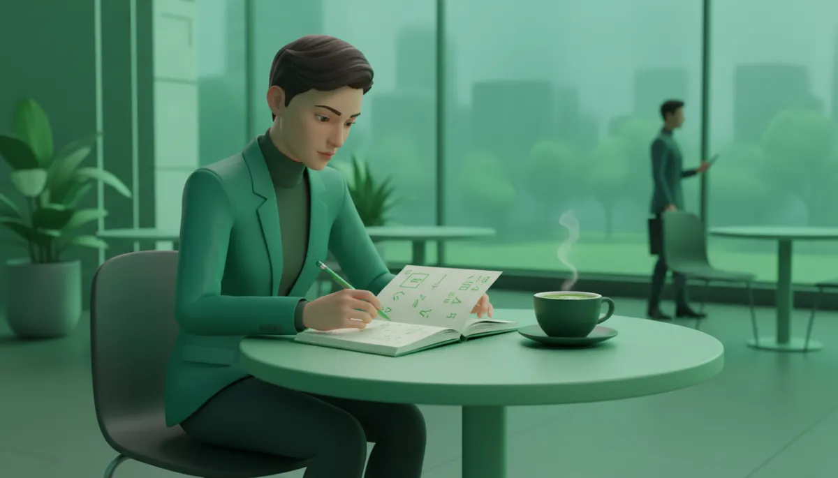 professional scene of a biotech founder leaving an investor meeting in green tones, seated at a cafe table with a notebook open, calmly writing down specific feedback points, posture focused and reflective rather than defeated