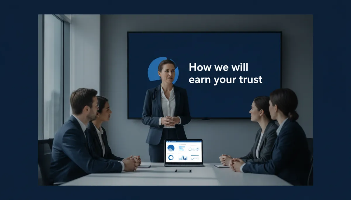 professional photorealistic scene in navy #1e3a5f tones showing an EdTech founder in a meeting room with a small group of school leaders, laptop open to a simple dashboard, founder speaking calmly while a slide titled 'How we will earn your trust' is visible