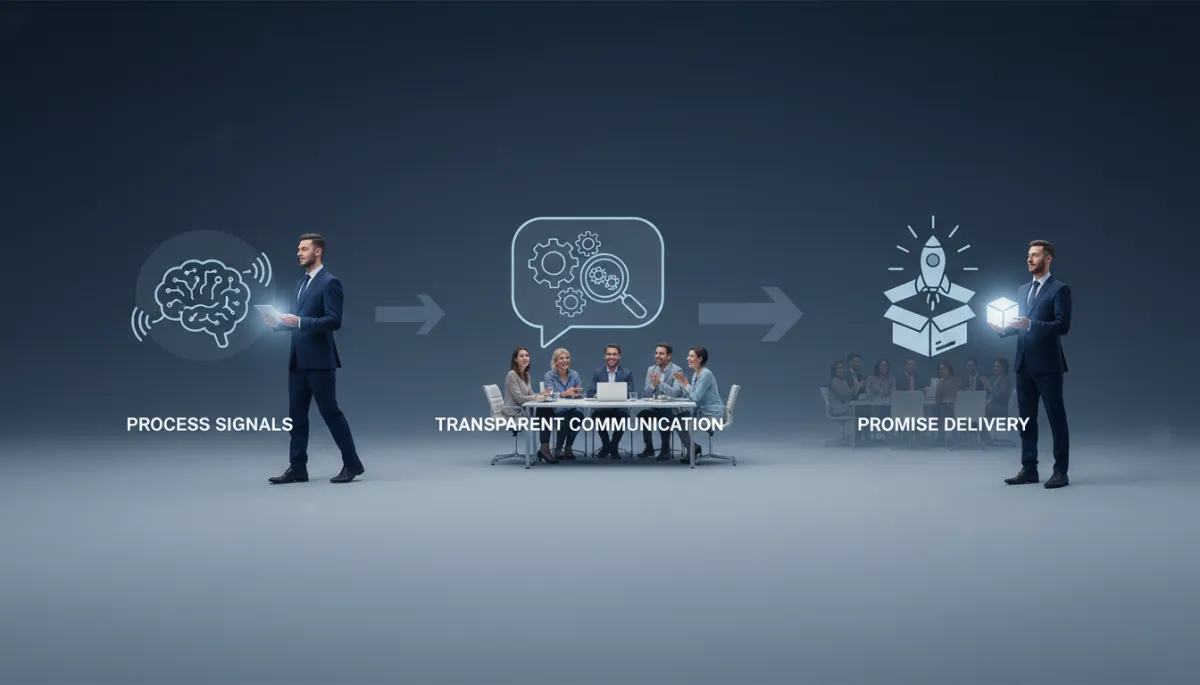 professional photorealistic diagram-style scene in navy #1e3a5f tones showing an EdTech founder moving through three stages: process signals, transparent communication, promise delivery; clean icons and arrows, minimal text, modern business illustration