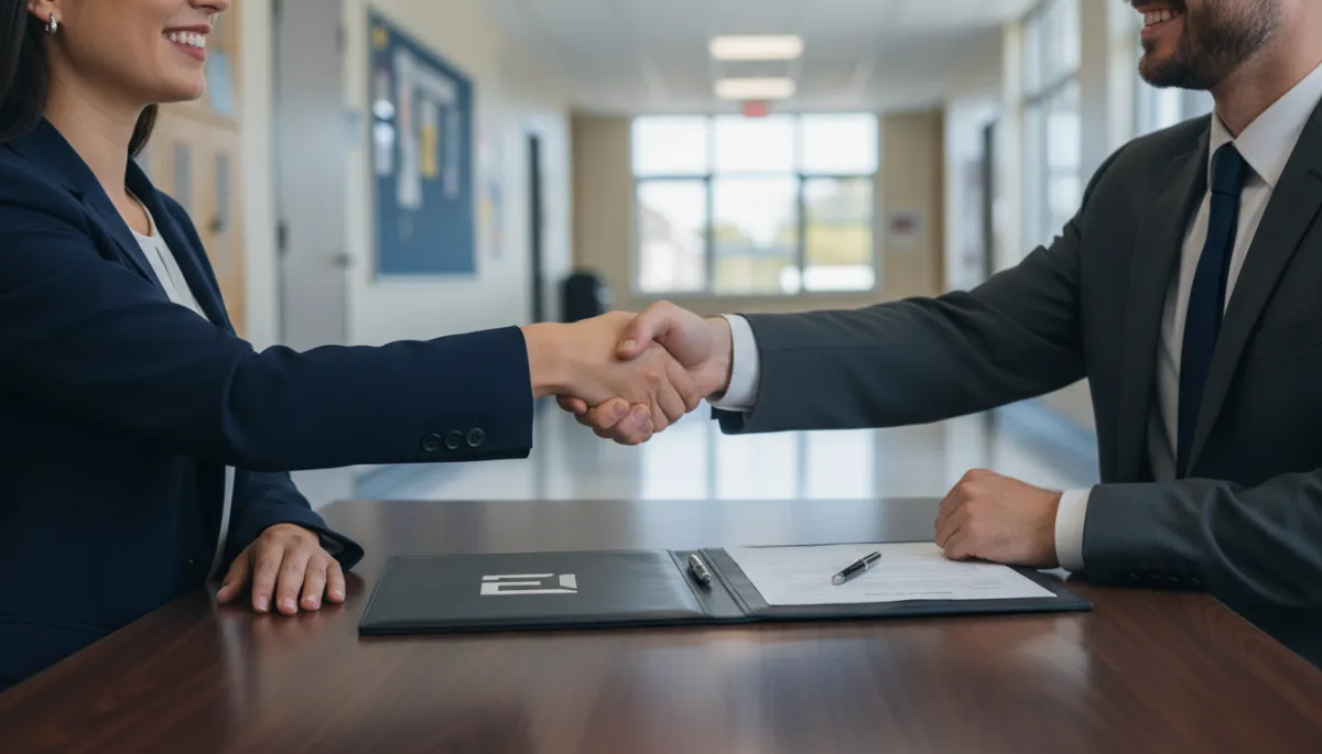 professional photorealistic scene in navy #1e3a5f tones showing an EdTech founder and a school leader standing in a hallway, shaking hands over a signed contract folder, subtle school environment in background