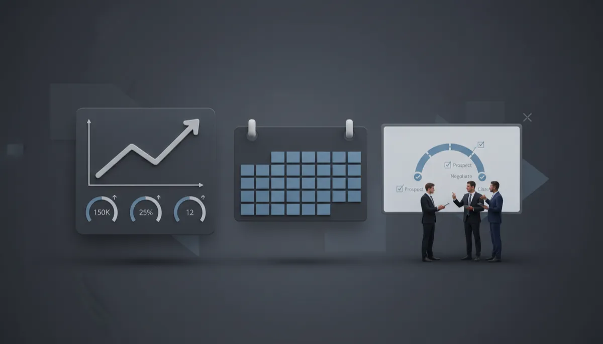 professional photorealistic montage in charcoal #374151 tones; a simple sales dashboard with a few key numbers trending upward, a calendar with consistent daily sales blocks, and a small team in discussion around a clean whiteboard showing a short pipeline; mood of calm focus and steady progress professional photorealistic montage in charcoal #374151 tones; a simple sales dashboard with a few key numbers trending upward, a calendar with consistent daily sales blocks, and a small team in discussion around a clean whiteboard showing a short pipeline; mood of calm focus and steady progress