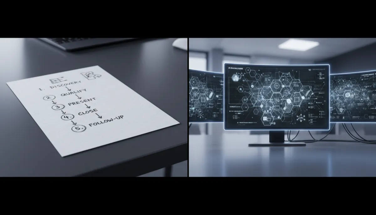 professional photorealistic split-screen scene; on the left, a single clean sheet of paper showing a simple 5-step sales process sketched by hand in charcoal #374151 tones; on the right, a cluttered 14-step AI-powered funnel diagram on multiple monitors with tiny unreadable labels; minimal office background, strong contrast between calm simplicity and chaotic complexity professional photorealistic split-screen scene; on the left, a single clean sheet of paper showing a simple 5-step sales process sketched by hand in charcoal #374151 tones; on the right, a cluttered 14-step AI-powered funnel diagram on multiple monitors with tiny unreadable labels; minimal office background, strong contrast between calm simplicity and chaotic complexity