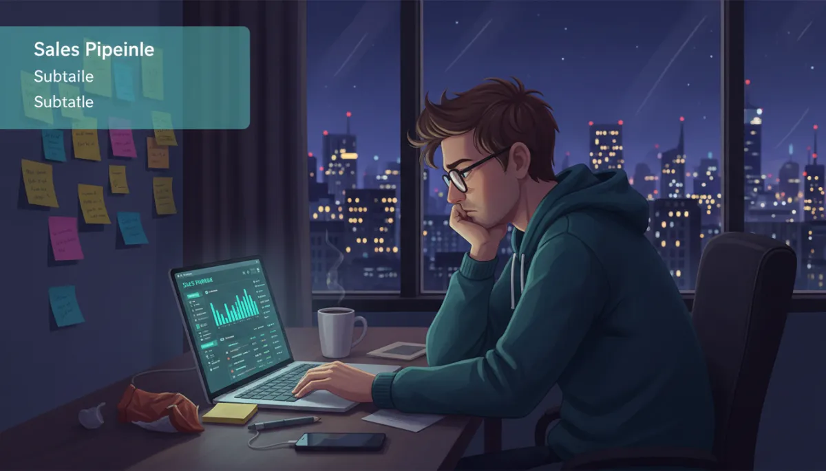 professional wide shot of a tired but determined startup founder in a small coworking space at night, laptop open on a sales pipeline dashboard with teal #0f766e accents, sticky notes on the wall, city lights outside the window, subtle overlay text area for title and subtitle