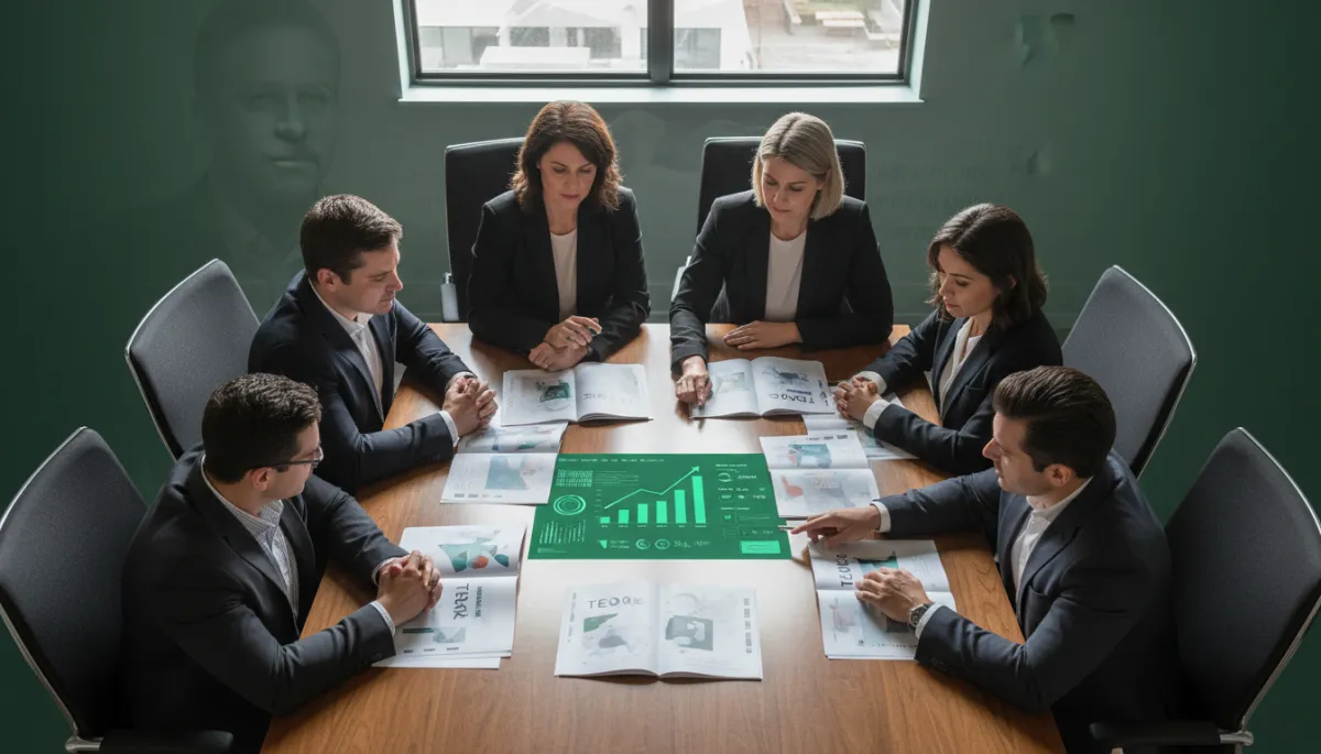 Startup leadership team reviewing sales results and case studies on a dashboard