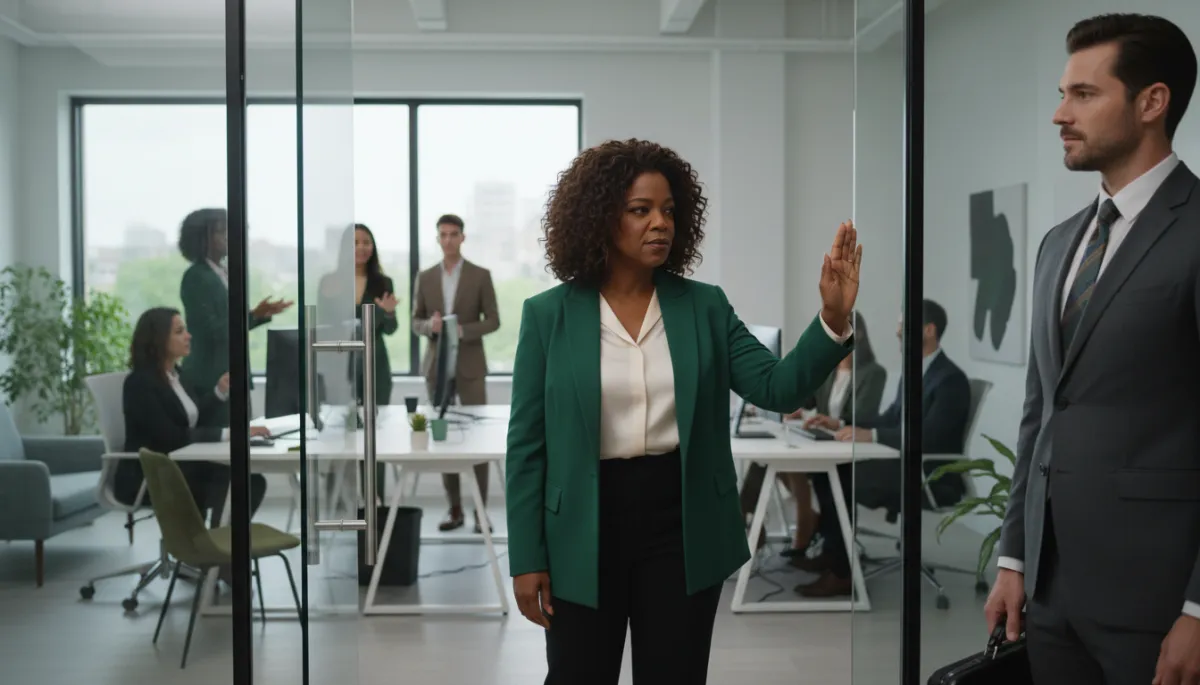 photorealistic editorial. Startup founder in glass-walled office gently stopping a slick suited salesperson at the door, hand raised in a calm 'no', diverse team visible behind them, subtle forest green #1a4731 accents in office decor