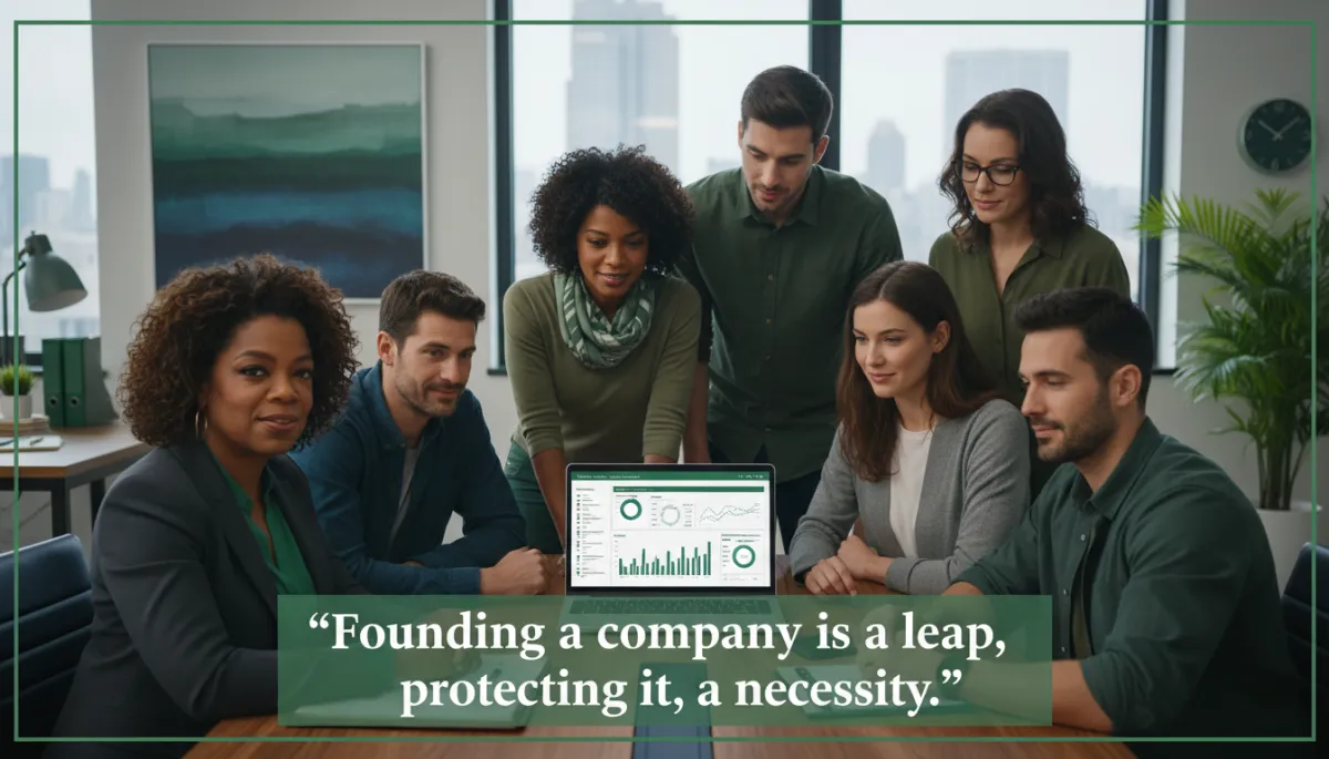 photorealistic editorial. Diverse startup team of six gathered around a laptop reviewing a structured sales dashboard, calm confidence on their faces, subtle forest green #1a4731 accents in charts and office details