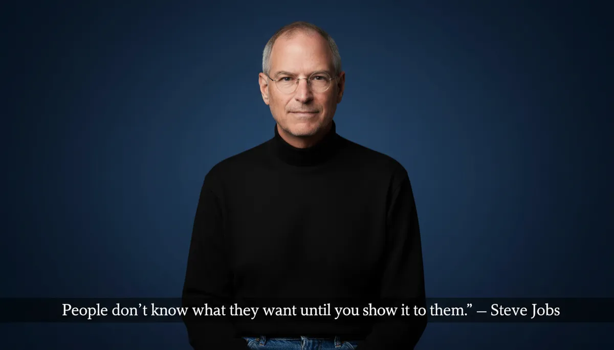 professional photorealistic portrait of Steve Jobs against a deep navy #1e4976 background, calm focused expression, soft studio lighting, subtle text overlay in white reading 'People don't know what they want until you show it to them.' — Steve Jobs