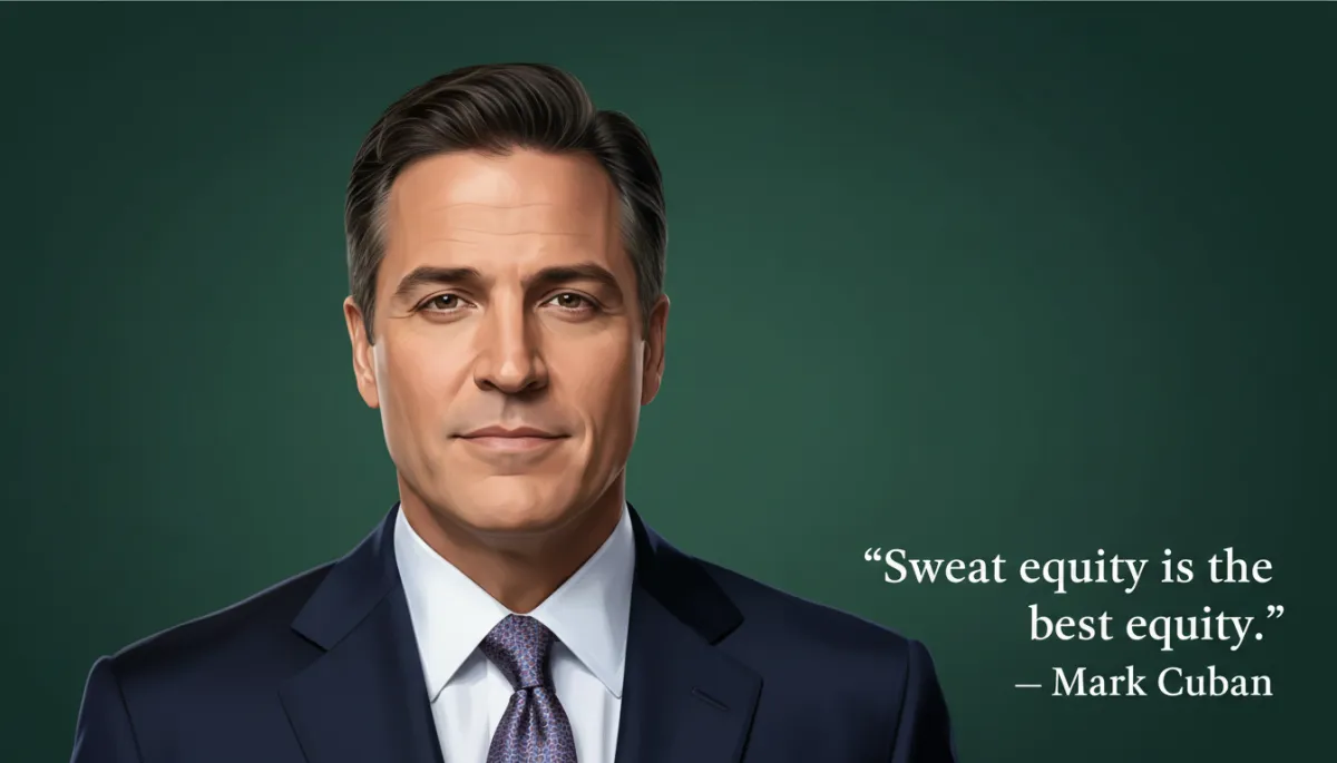 professional photorealistic portrait of Mark Cuban against deep forest green #065f46 background, confident direct gaze, subtle lighting, overlaid quote text in white serif 'Sweat equity is the best equity.' — Mark Cuban