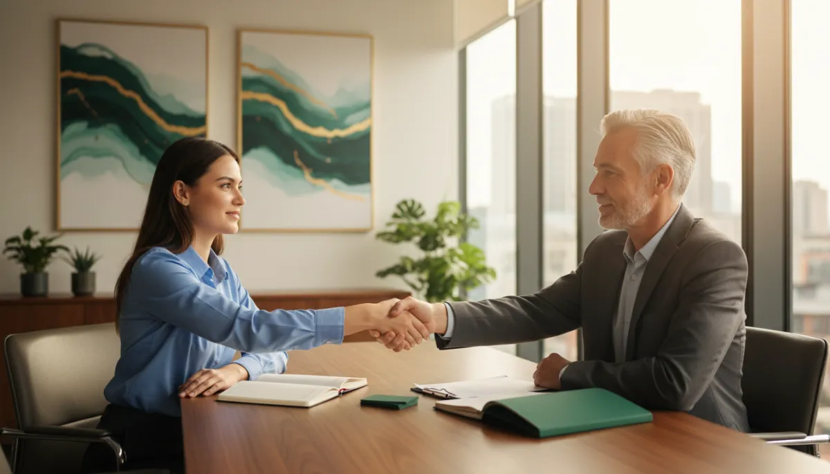 Startup founder reaching out to a seasoned mentor for guidance in a modern office