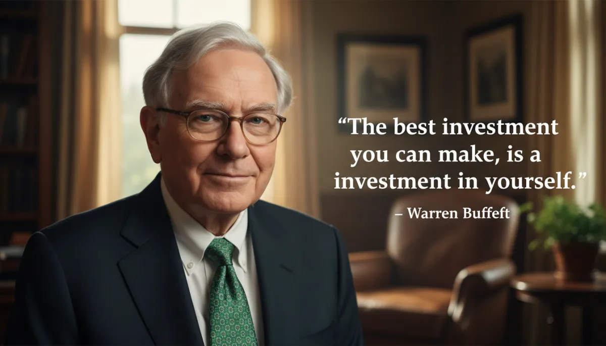 Warren Buffett portrait with an overlaid quote about investing in yourself