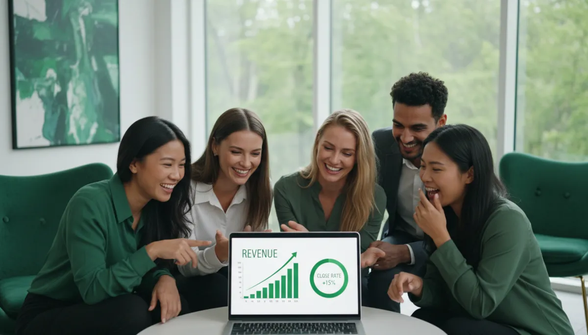 Startup team reviewing improved sales performance metrics after implementing a system
