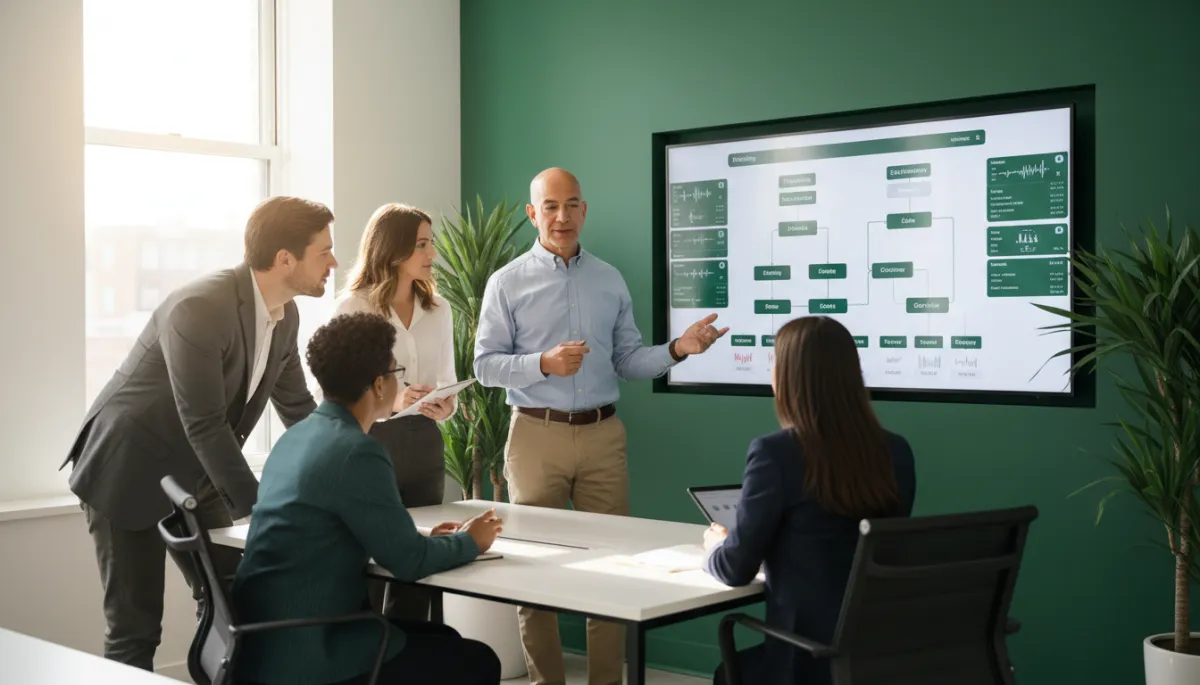 Startup sales team reviewing coaching framework and call recordings together