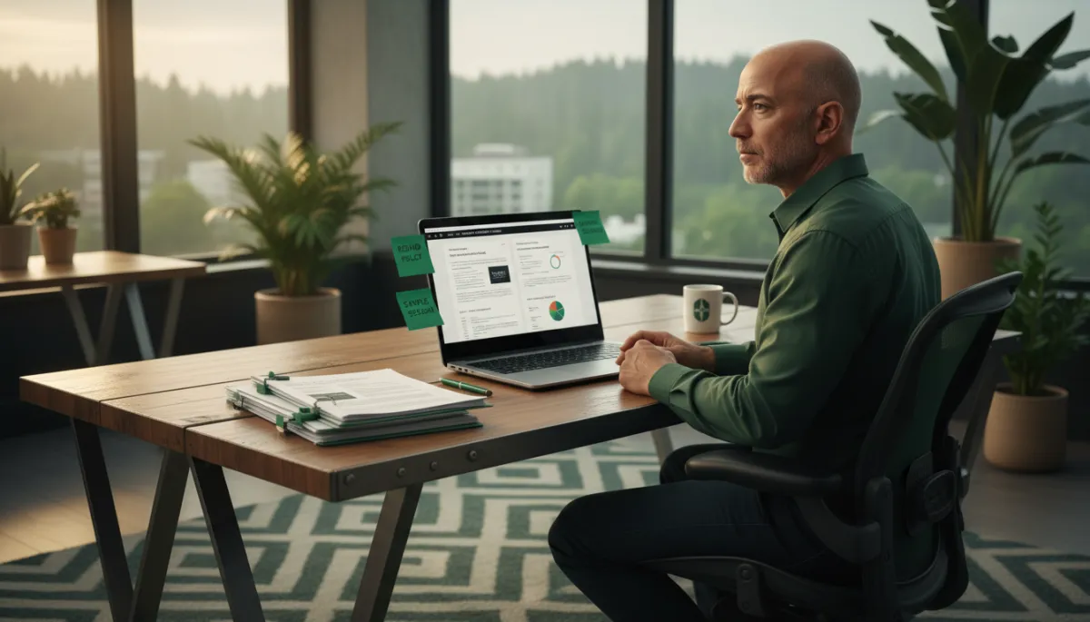 Founder carefully evaluating sales coaching program proposals and notes