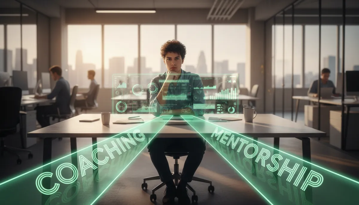 photorealistic editorial. Early-stage founder sitting at a desk with two clear paths visualised in front of them, one labeled Coaching and the other Mentorship, forest green #1a4731 accents on signage and interface elements, thoughtful expression, modern startup office