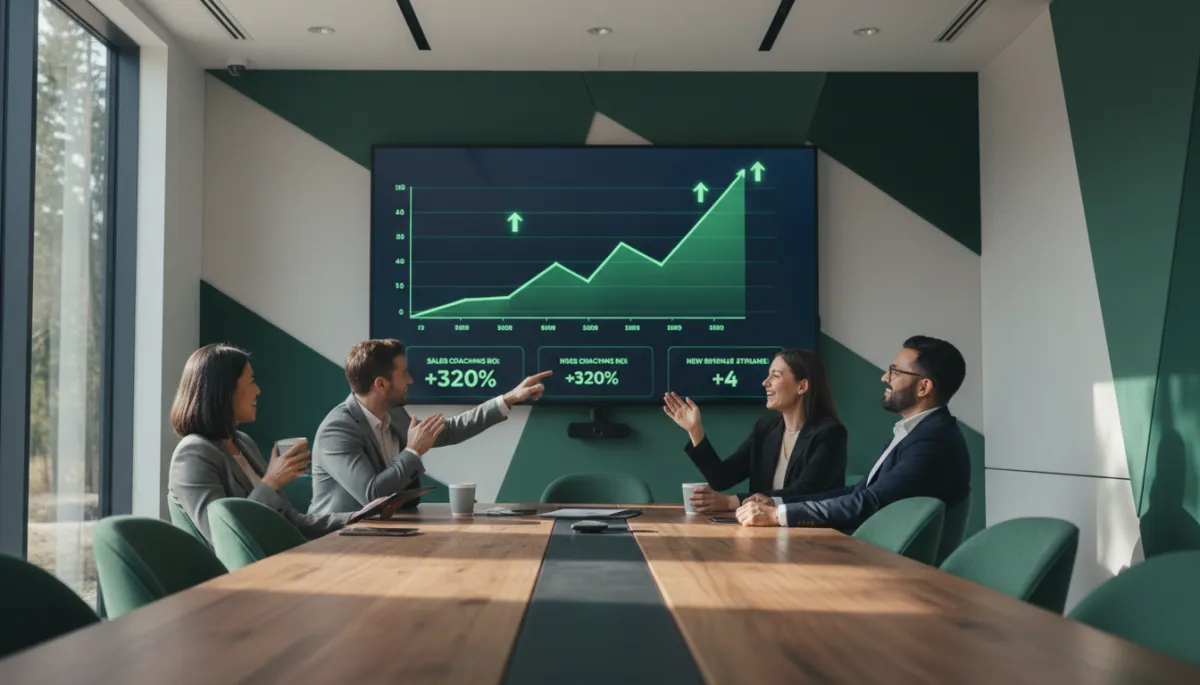 photorealistic editorial. Diverse group of startup founders in a modern meeting room with forest green #1a4731 accents, reviewing a dashboard showing steep revenue growth after implementing structured sales coaching, subtle celebratory mood