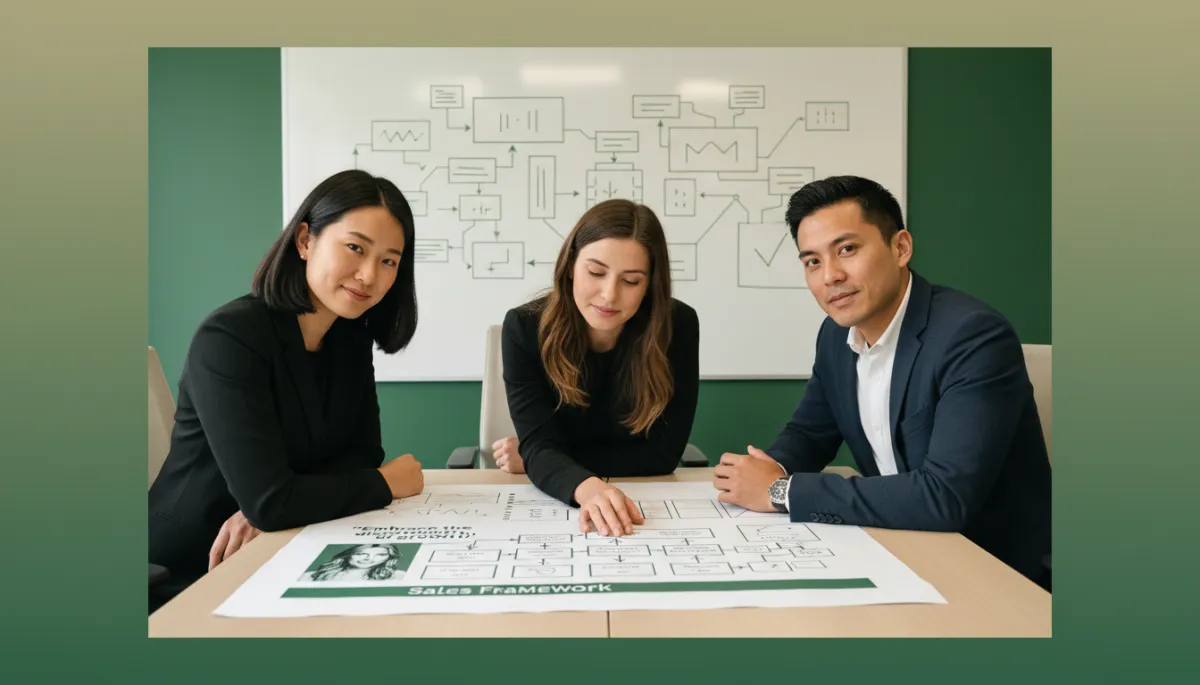 Startup founders reviewing a structured sales framework together