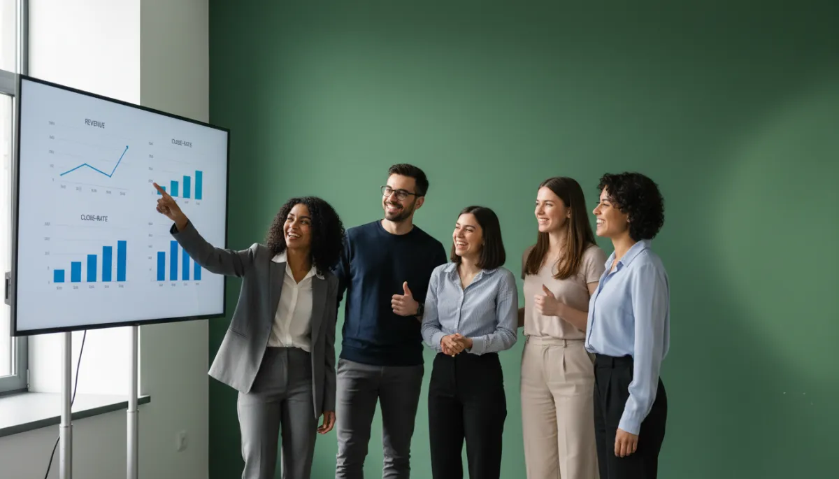 Startup team reviewing improved sales metrics on a large screen