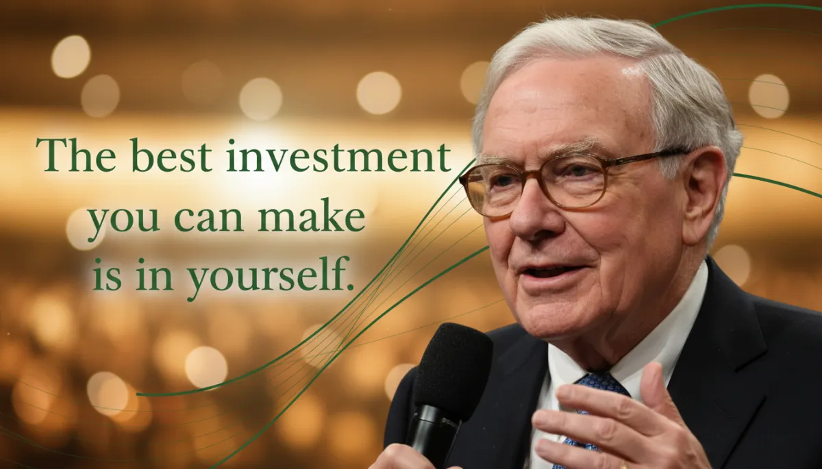 Warren Buffett portrait with quote about investing in yourself