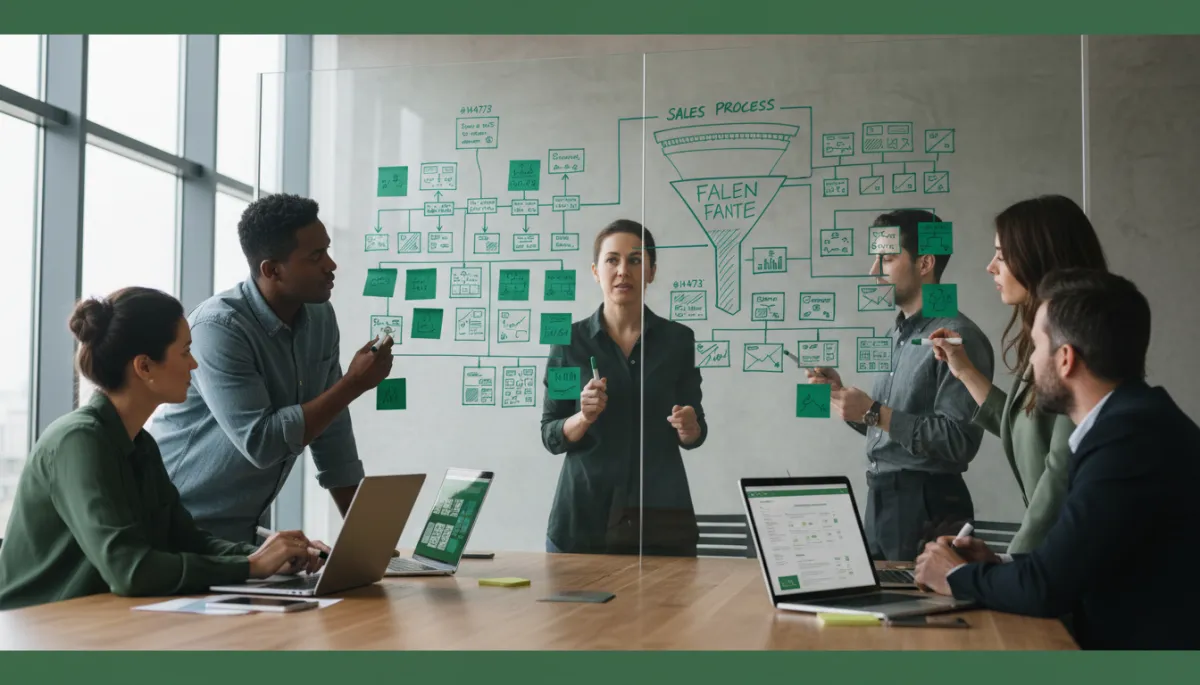 Founder and team mapping out a structured sales system on a whiteboard