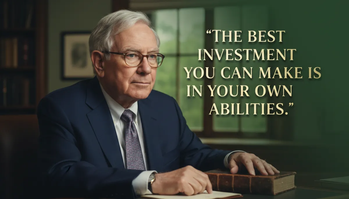 Warren Buffett portrait with a quote about investing in yourself