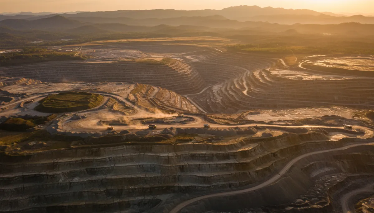 Aerial view of a large Indonesian coal mine at sunset