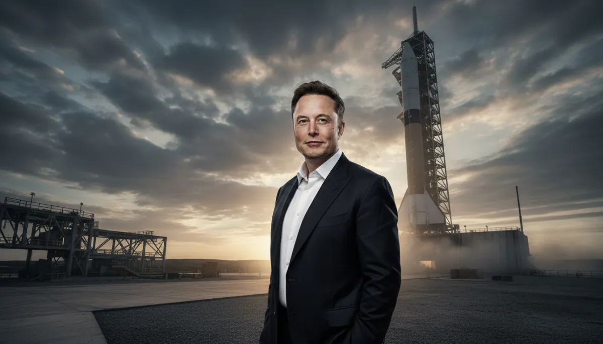 Elon Musk at a rocket launch site with a rocket behind him