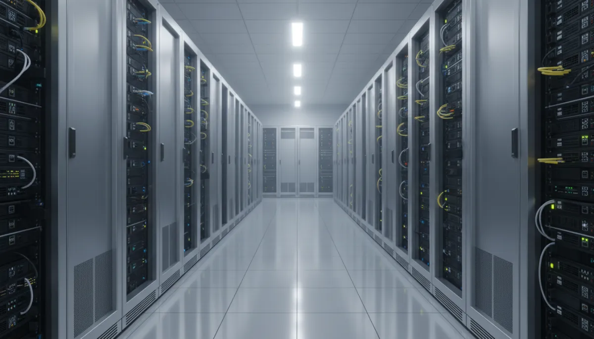 High-density data center corridor with rows of server racks in neutral tones