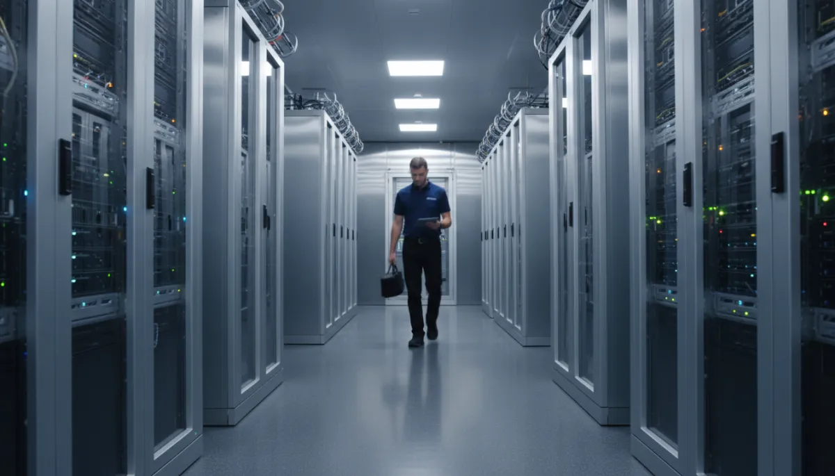 Photorealistic data center corridor symbolizing AI infrastructure and new billionaires