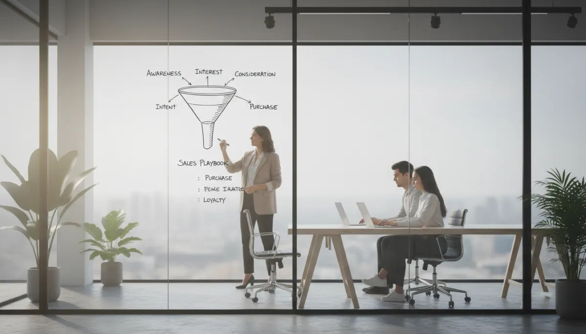 Photorealistic scene of a startup founder building a sales system with team in a neutral-toned office