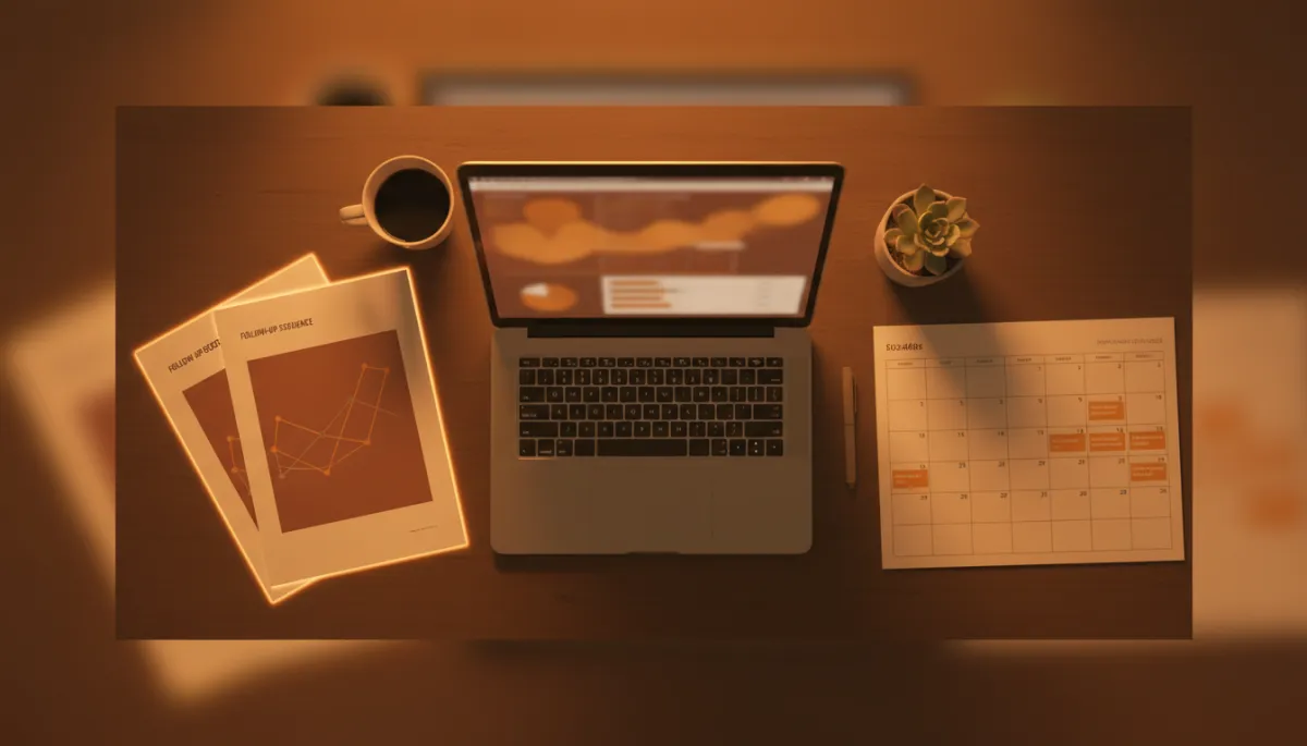 Printed follow-up sequence and calendar on a founder’s desk