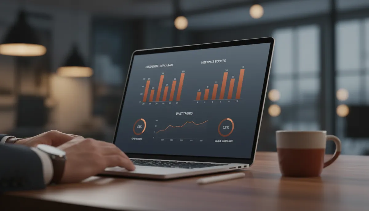 Founder reviewing cold email performance metrics on a laptop dashboard