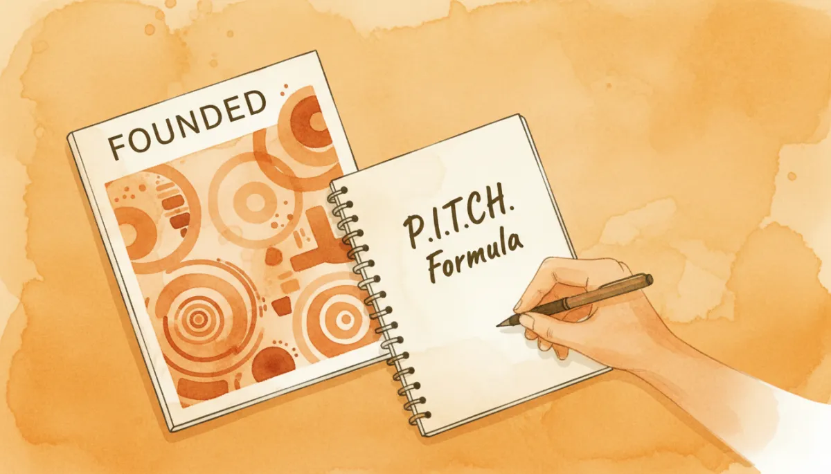 Notebook with P.I.T.C.H. Formula notes beside FOUNDED magazine in amber tones